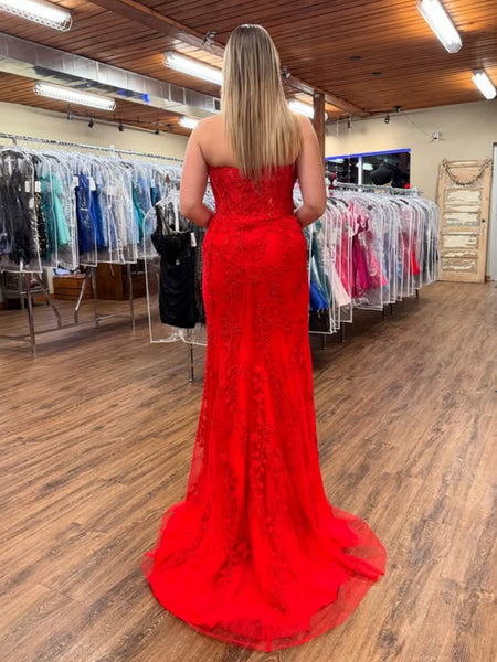 Strapless Lace Red Long Prom Dresses with Slit