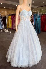 Light Blue Floral Prom Dress Corset Lace A-Line Formal Gown Sweetheart