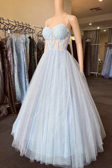 Light Blue Floral Prom Dress Corset Lace A-Line Formal Gown Sweetheart