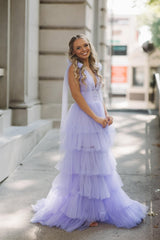 2025 Light Purple Tiered Prom Dresses Tulle A Line Grad Dresses