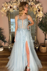 Shop 2025 Light Blue Prom Dress Near Me Appliques a line Spaghetti Straps