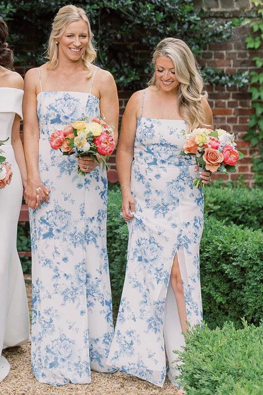 Long Blue Beach Floral Print Bridesmaid Dress Mychicdress