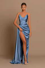 Long Elegant Prom Dress Dusty Blue Formal Dress for Guests With Slit