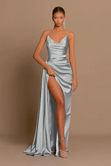 Long Elegant Prom Dress satin Formal Dress for Guests With Slit