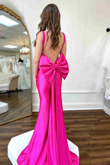 Long Fuchsia Formal Dress Straps Satin Mermaid with Bow