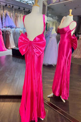 Long Fuchsia Formal Dress Straps Satin Mermaid with Bow