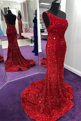 Long Mermaid Sequin Prom Dress Red One Shoulder