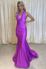 Long Prom Dress Purple Halter Mermaid Wedding Guest Dress