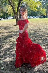 Long Red Lace Sequins Tiered Prom Dress Off the Shoulder