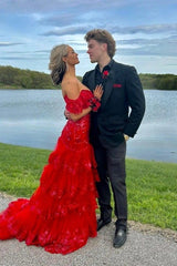 Long Red Lace Sequins Tiered Prom Dress Off the Shoulder