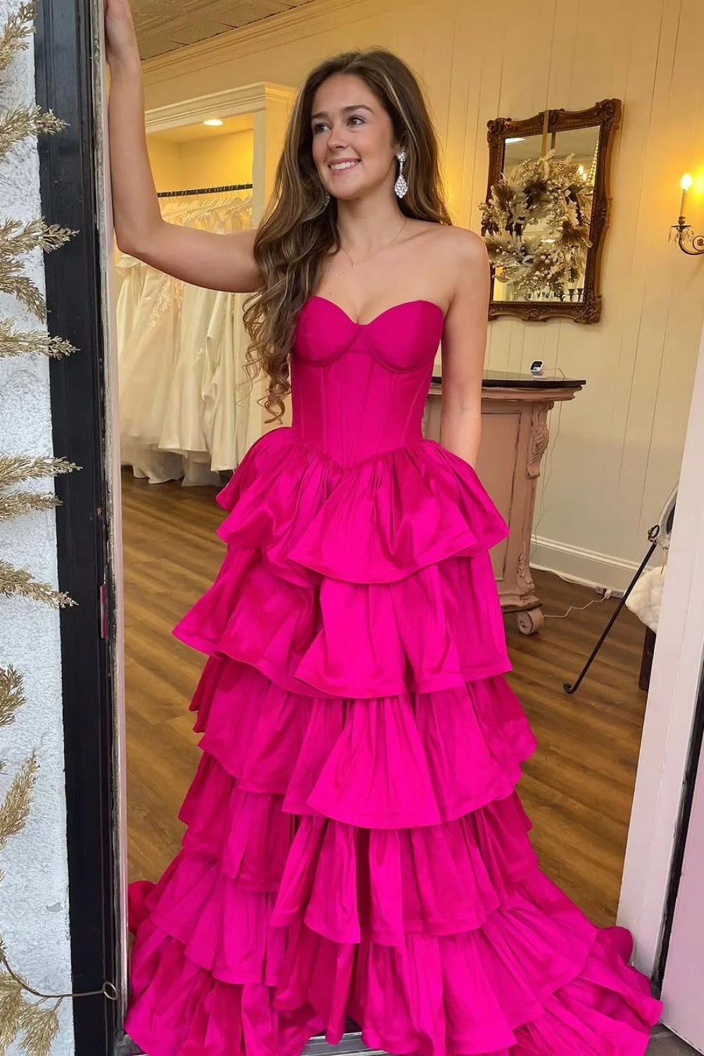 Long Tiered Hot Pink Prom Dress A-Line Sweetheart Satin