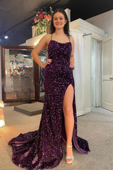 Mermaid Long Straps Purple Sequin 2025 Prom Dress Near Me