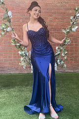 Navy Blue Corset Pleated Prom Dress Appliques with Flowers