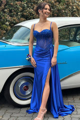 New Royal Blue Prom Dress UK Sequined Spaghetti Straps with Split