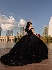 Off the Shoulder Sweet 15 Dresses Sequins Black Quince Dress