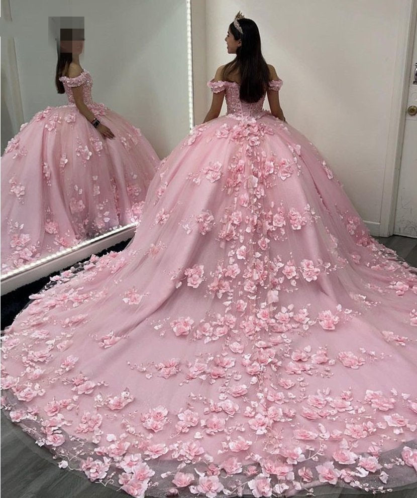 Off Shoulder Corset Pink Quince Dresses 3D Flowers Appliques