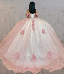 Ball-Gown Off-the-Shoulder Quinceanera Dress Light Pink Tulle Appliques