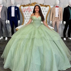 Princess Sage Green Corset Quinceanera Dress Off-Shoulder Big Bow