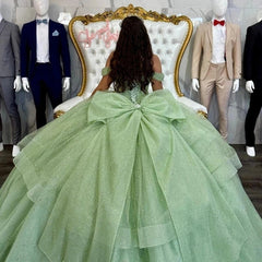 Princess Sage Green Corset Quinceanera Dress Off-Shoulder Big Bow