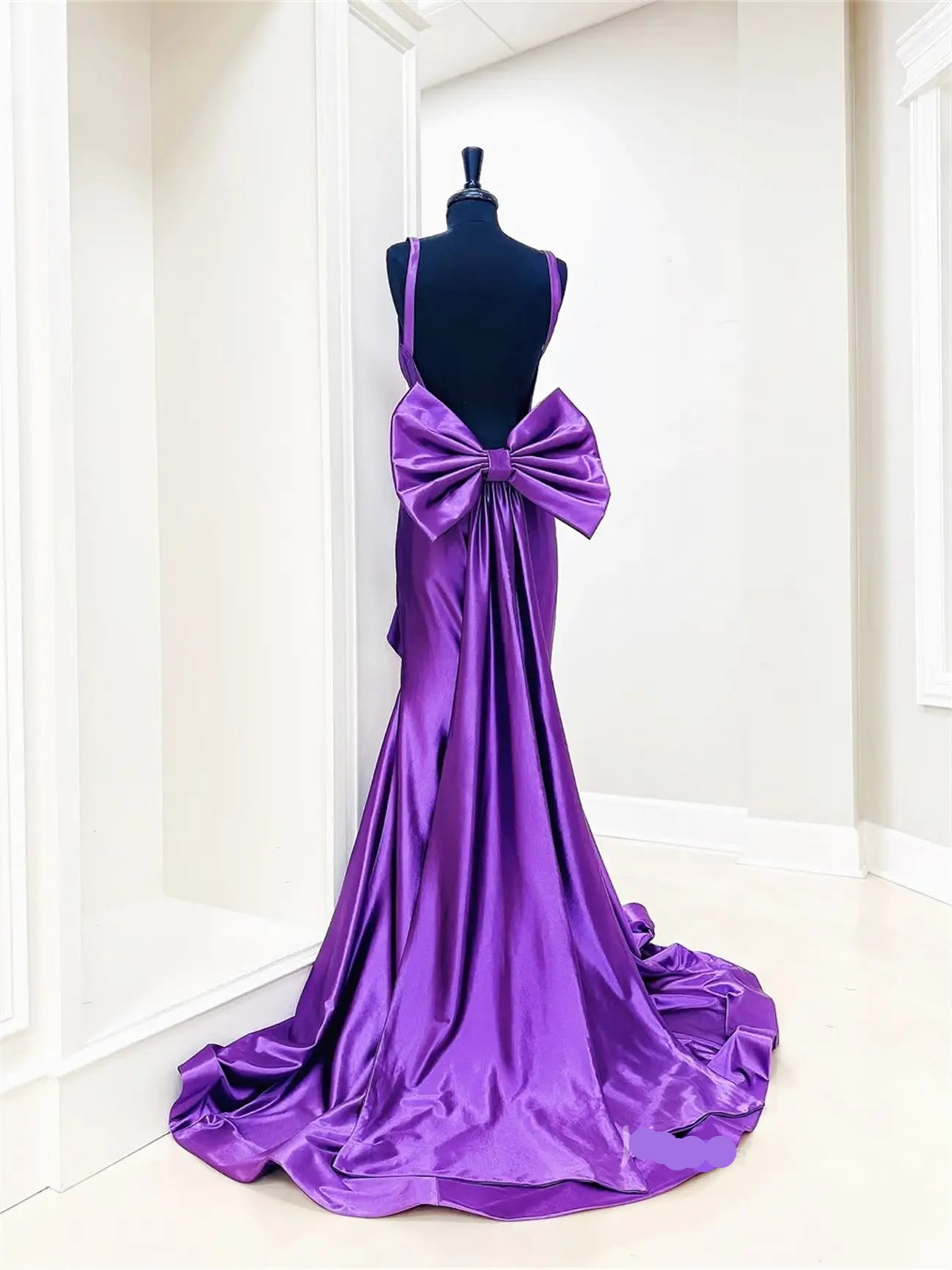 Purple Satin Prom Dress Mermaid Backless with Bow Tail