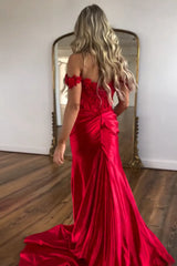 Red Corset Prom Dress Satin Off the Shoulder Mermaid with Appliques