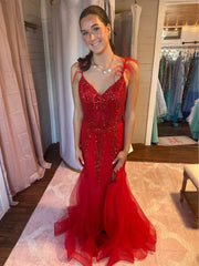 Red Lace Mermaid Prom Dresses V Neck Open Back Slit