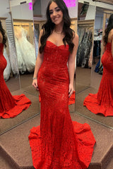 Red Lace Prom Dress Mermaid Sweetheart with Beaded