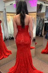 Red Lace Prom Dress Mermaid Sweetheart with Beaded