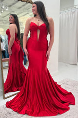 Red Strapless Prom Dress with Bow Satin Pleated Evening Dress