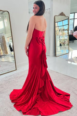 Red Strapless Prom Dress with Bow Satin Pleated Evening Dress