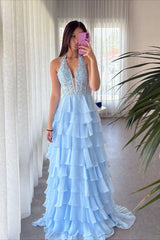 Ruffle Halter Light Blue Prom Dress Blue Lace Appliques Uk Evening Gown