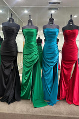 Satin Mermaid Ruched Pleated Red Prom Dress With Slit Strapless