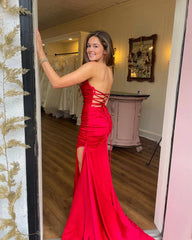 Satin Mermaid Ruched Pleated Red Prom Dress With Slit Strapless