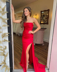 Satin Mermaid Ruched Pleated Red Prom Dress With Slit Strapless