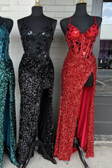 Sequin Emerald Green Prom Dress Cut Mirror Long with Slit