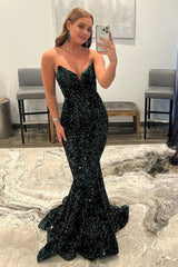 Long Red Sequins Prom Dresses Mermaid Strapless Formal Dress