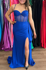 Sexy blue Prom Dress Pleats Mermaid Satin High Slit Spaghetti Straps