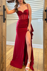 Sexy Red Prom Dress Pleats Mermaid Satin High Slit Spaghetti Straps