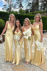 Sexy Sheath 2025 Yellow Bridesmaid Dress Beach V Neck Silk Satin