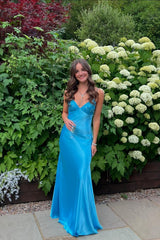 Sheath Long Mermaid Soft Satin Formal Dress Blue with Beaded