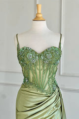 Spaghetti Straps Sage Green Sequined 2025 Prom Dress Appliqued Mermaid