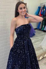 Strapless Glitter Navy Blue Prom Formal Dress A Line Long