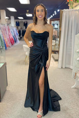 2025 Strapless Prom Dress Black Satin Mermaid Sweetheart Lace up Back