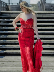 Strapless Red Prom Dresses Lace Sweetheart Long Evening Dress