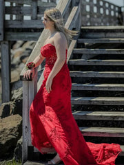 Strapless Red Prom Dresses Lace Sweetheart Long Evening Dress