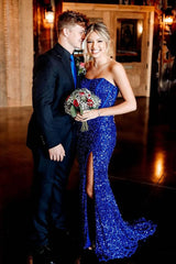 Strapless Sequins Royal Blue Prom Dress Mermaid Long Formal Gown Slit