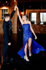 Strapless Sequins Royal Blue Prom Dress Mermaid Long Formal Gown Slit