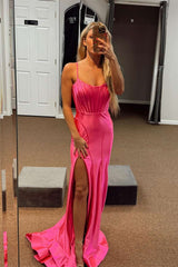 Straps 2025 Hot Pink Prom Dress Corset Long Fitted Formal Dress with Slit