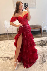 Tiered Prom Dress Dark Red Sequin-Embroidery Evening Gown Long Mychicdress