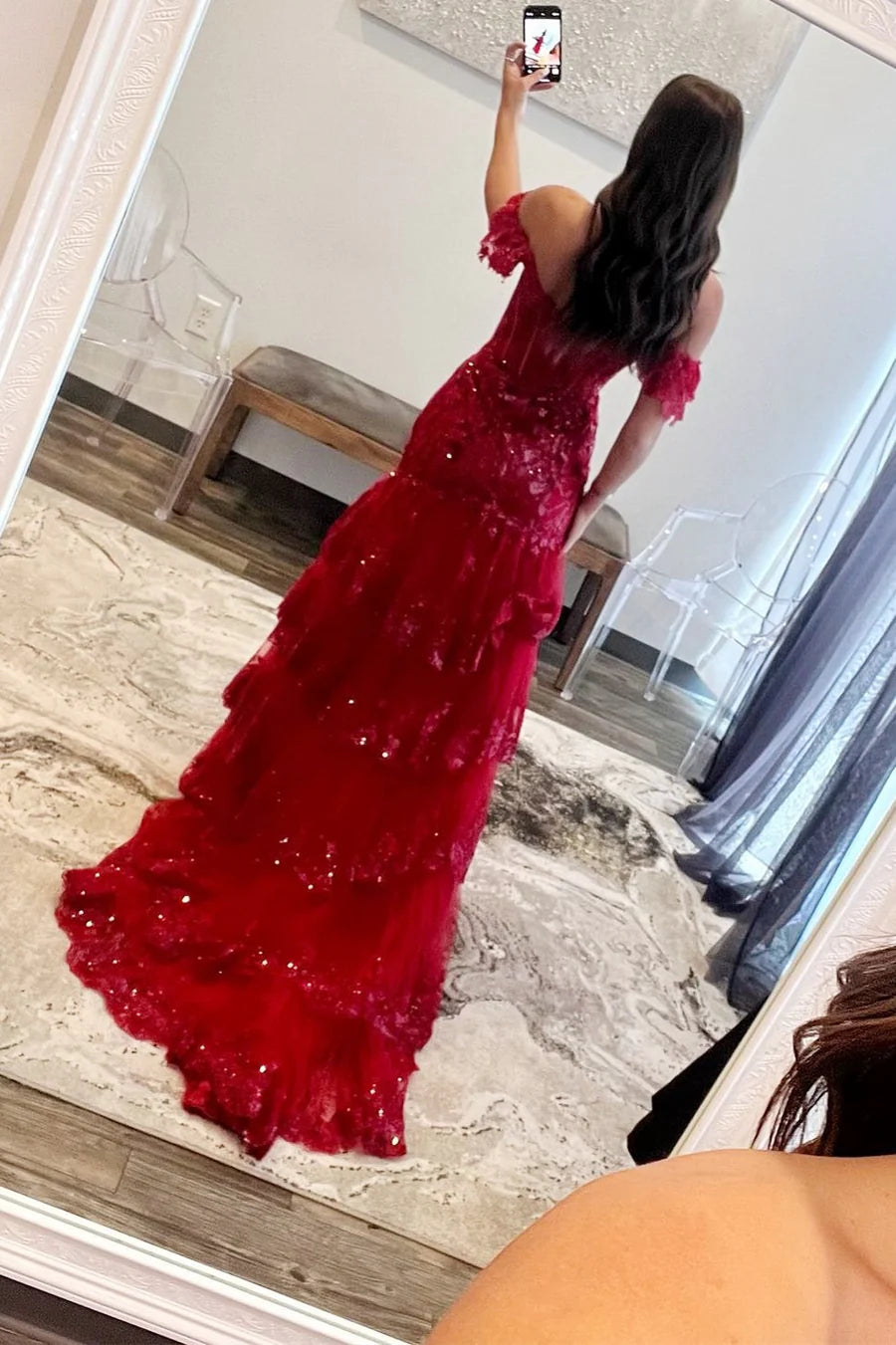 Tiered Prom Dress Dark Red Sequin-Embroidery Evening Gown Long Mychicdress